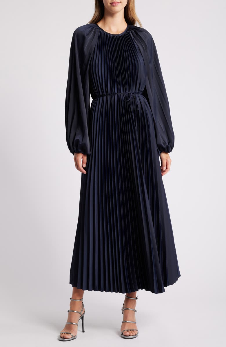 Julia Jordan Pleated Long Sleeve Midi Dress, Main, color, Navy