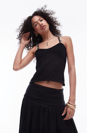 Topshop Knit Shell Strap Cami Top In Black In Black