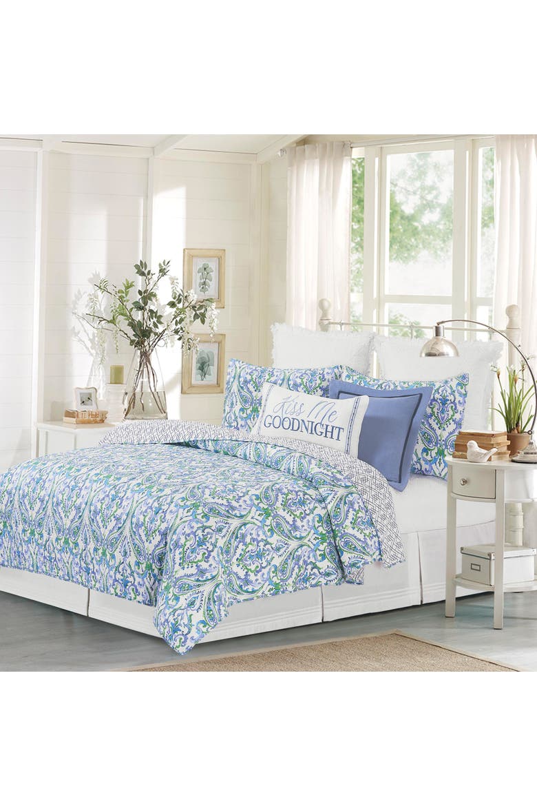 Juliet Damask Cotton Quilt Set - Reversible and Machine Washable, Main, color, Blue