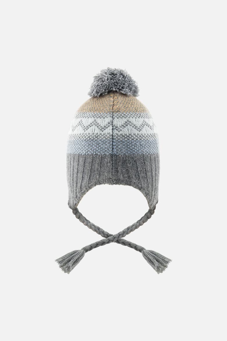 Peruvian Fair Isle Jacquard Earflap Knit Hat with Pompom, Alternate, color, Grey and Green Fair Isle