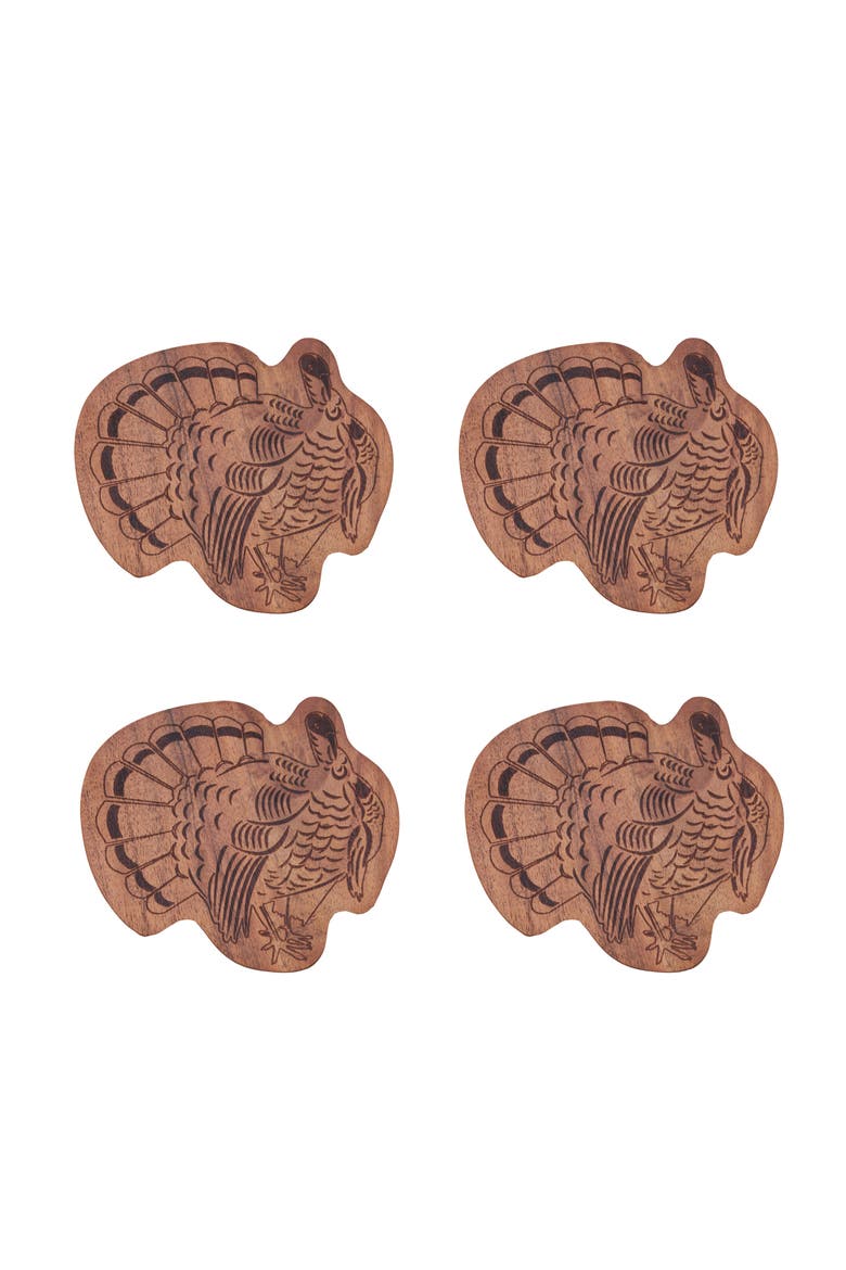 Thanksgiving Turkey Wood Coasters Set of 4, Main, color, Brown
