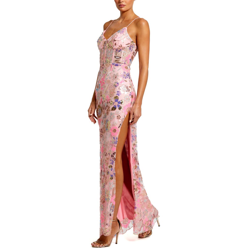 Mac Duggal Hand-embellished Spaghetti Strap Bustier Applique Gown With Thigh-high Slit In Pink Multi