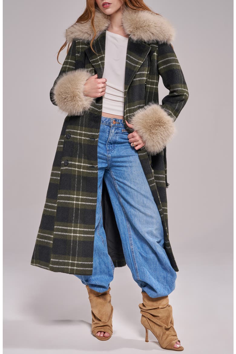 Avenna Plaid Faux Fur Trim Trench Coat, Alternate, color, GREEN MULTI
