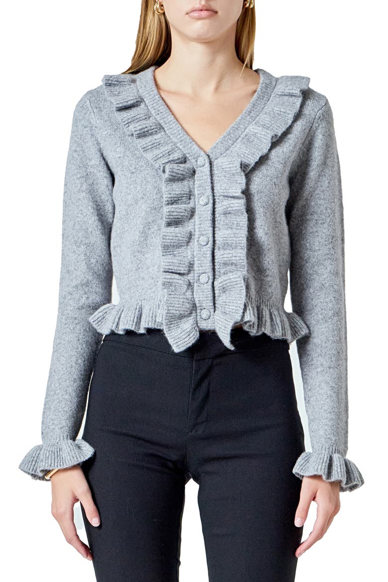 Ruffle Crop Cardigan, Main, color, GREY