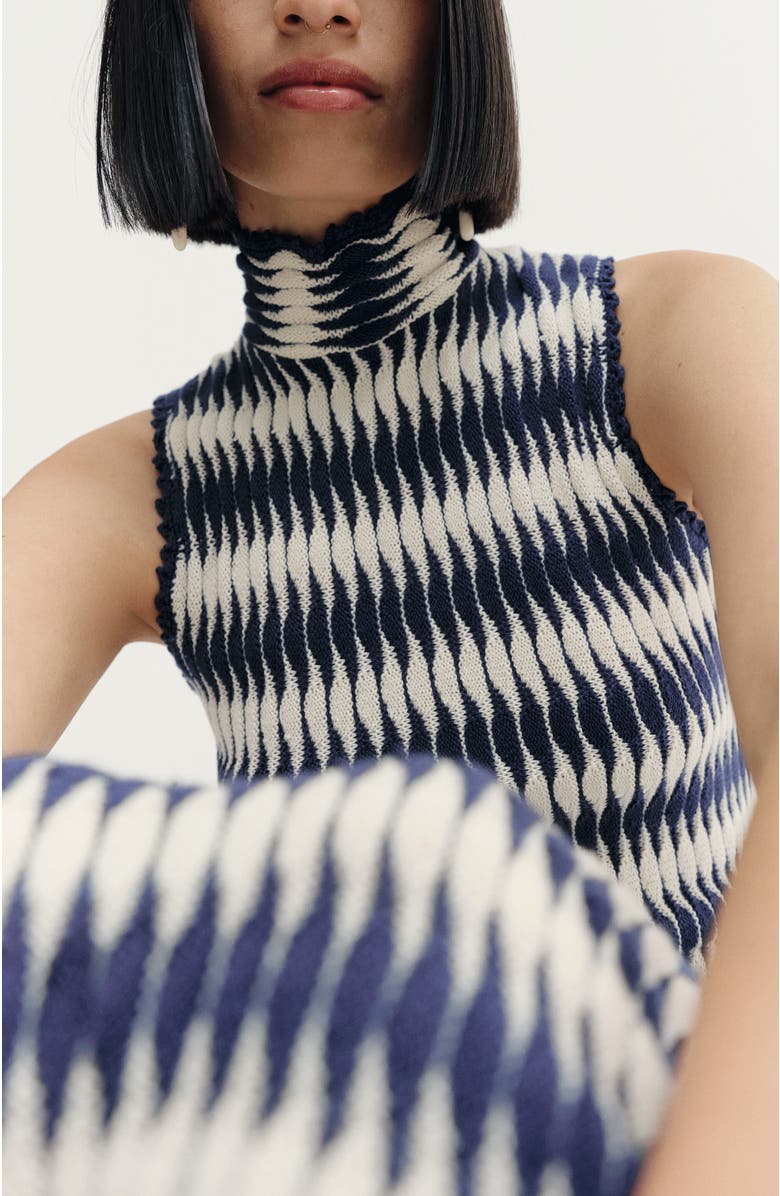 De Loreta Montebello Slip-on Mock Neck Cotton Blend Dress, Alternate, color, Navy/White