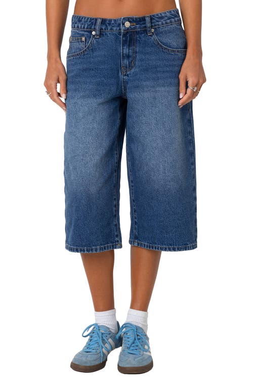 Edikted Low Rise Extra Long Denim Bermuda Shorts In Blue