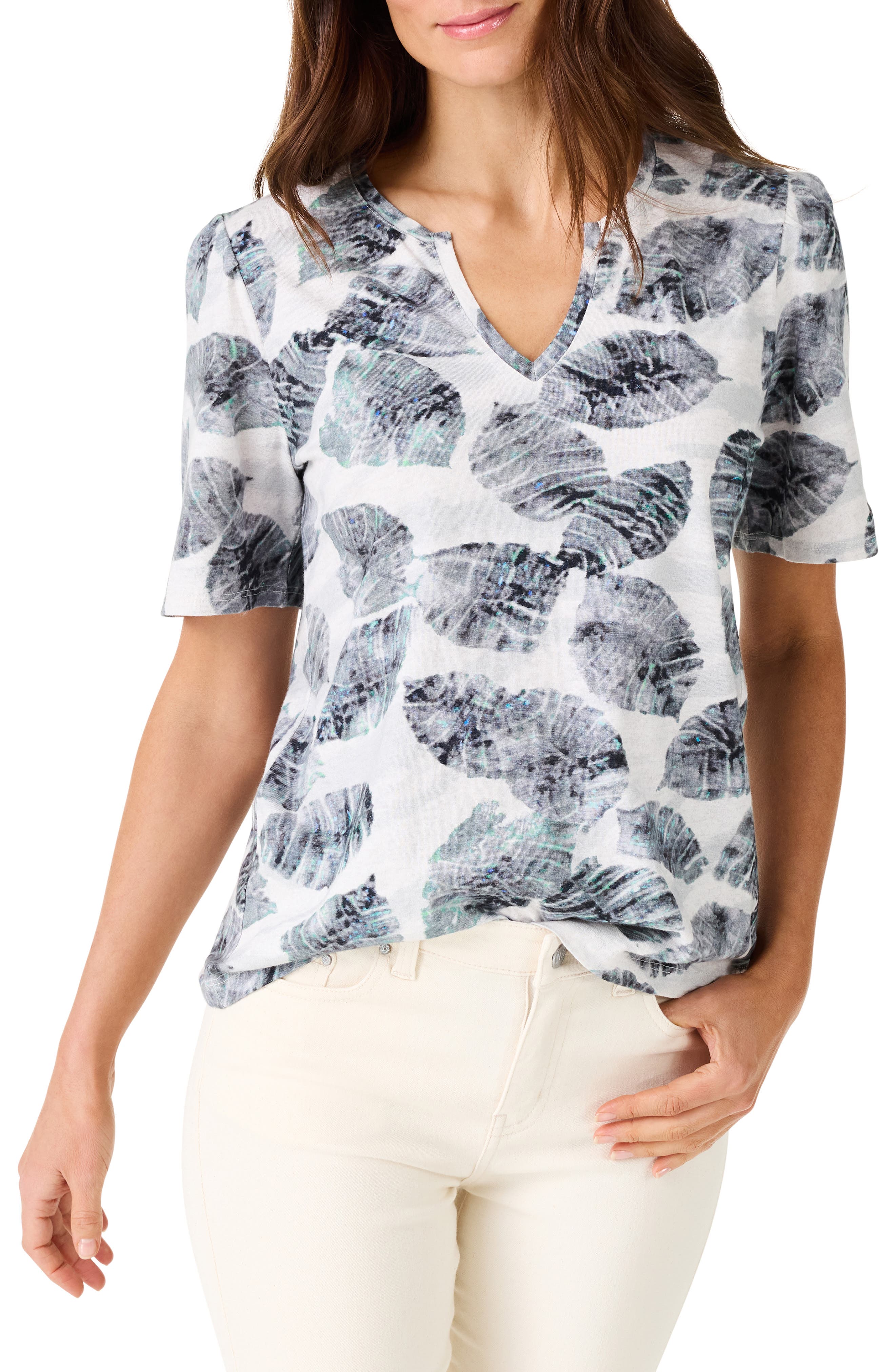 NZT by NIC+ZOE Falling Palms Print Split Neck Cotton T-Shirt in Grey Multi 