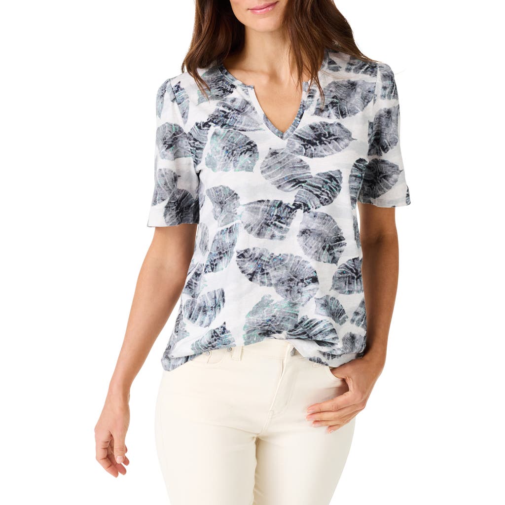 NZT by NIC+ZOE Falling Palms Print Split Neck Cotton T-Shirt in Grey Multi