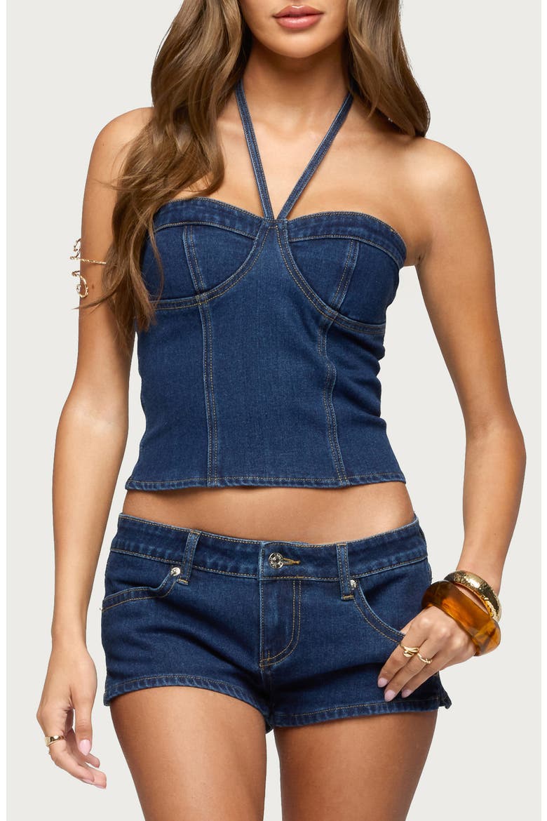Jagger Denim Bustier Halter Top, Main, color, DARK-BLUE-WASHED