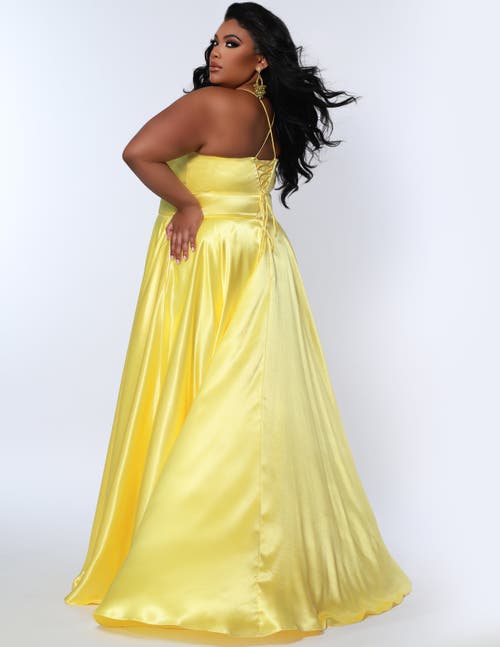 Sydney's Closet Satin A-line Sweetheart Lace-up Plus Size Evening Gown In Lemon