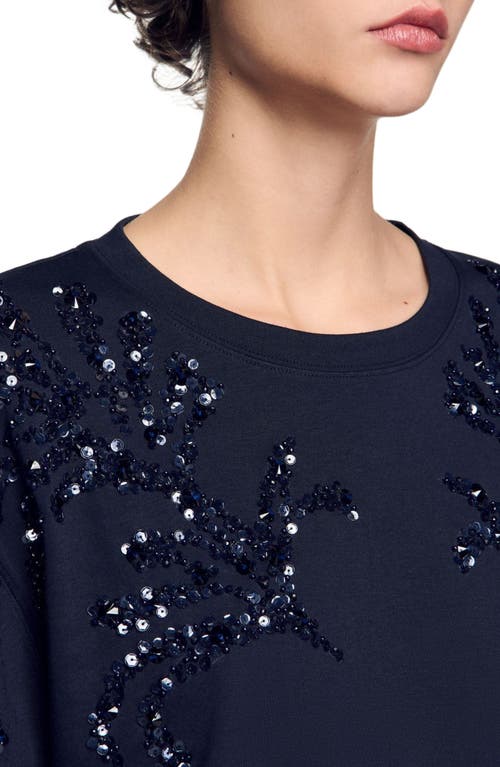 Sandro Cotton-blend Beaded Algarve T-shirt In Navy Blue