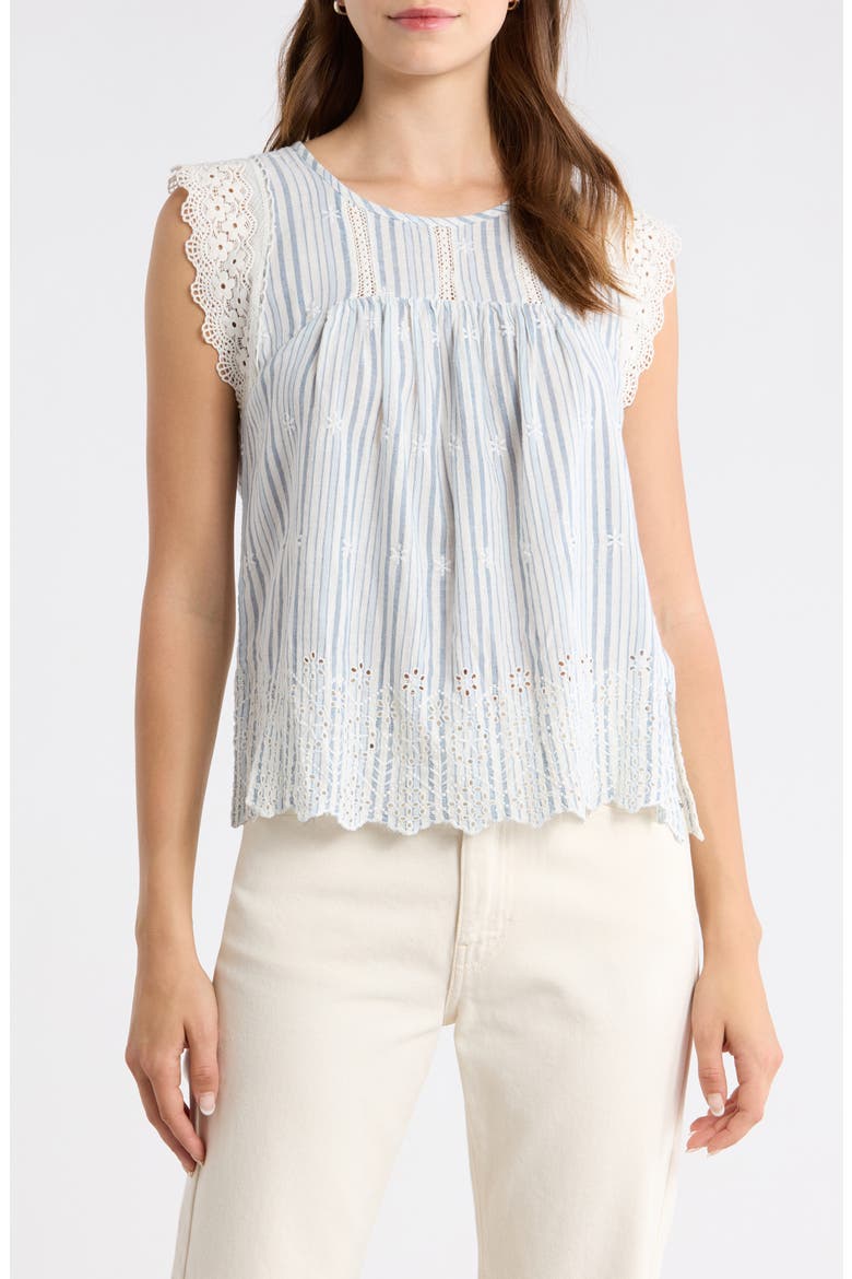 Lace & Embroidery Detail Stripe Cotton & Linen Top, Main, color, BLUE STRIPE