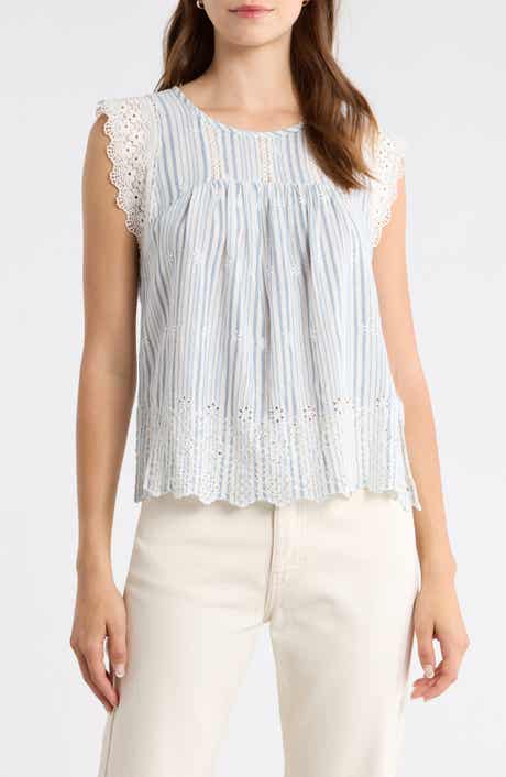 Lace & Embroidery Detail Stripe Cotton & Linen Top