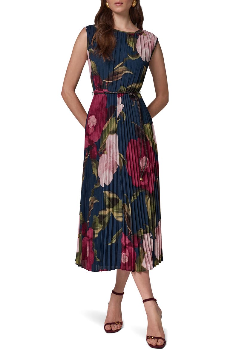 Floral Print Pleated Sleeveless Dress, Main, color, NAVY
