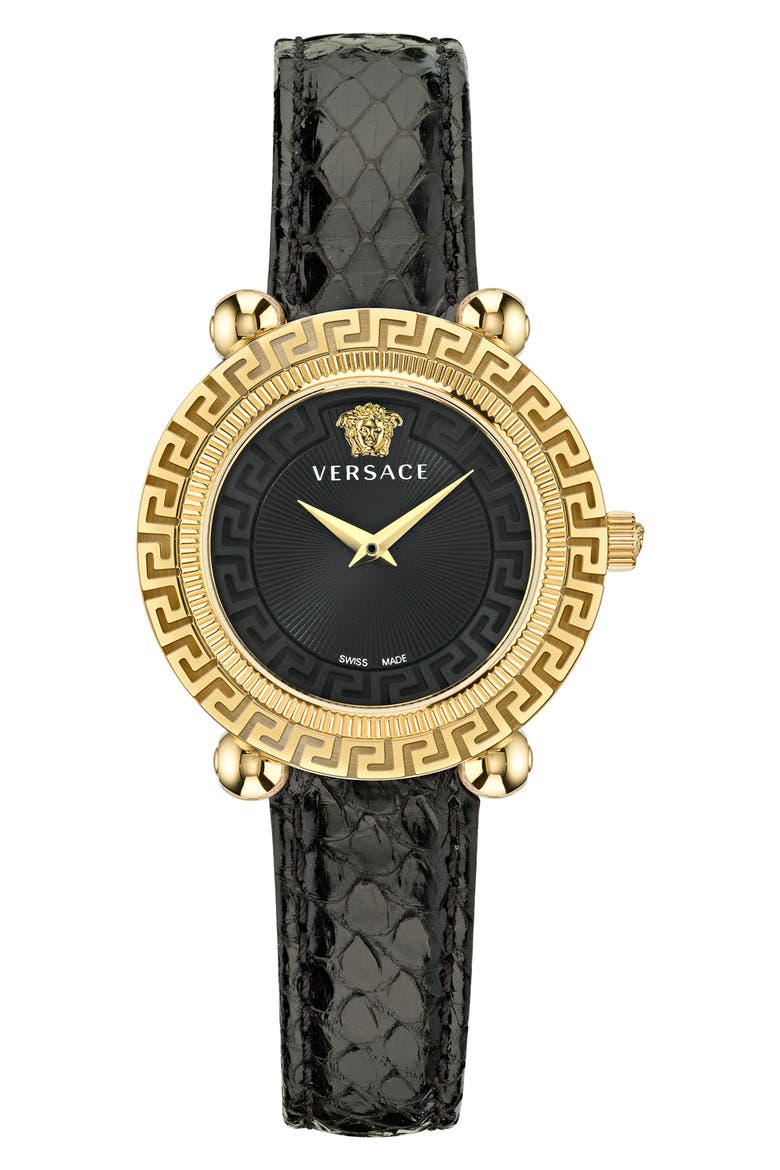 Greca Twist Leather Strap Watch, 35mm, Main, color, IP YELLOW GOLD