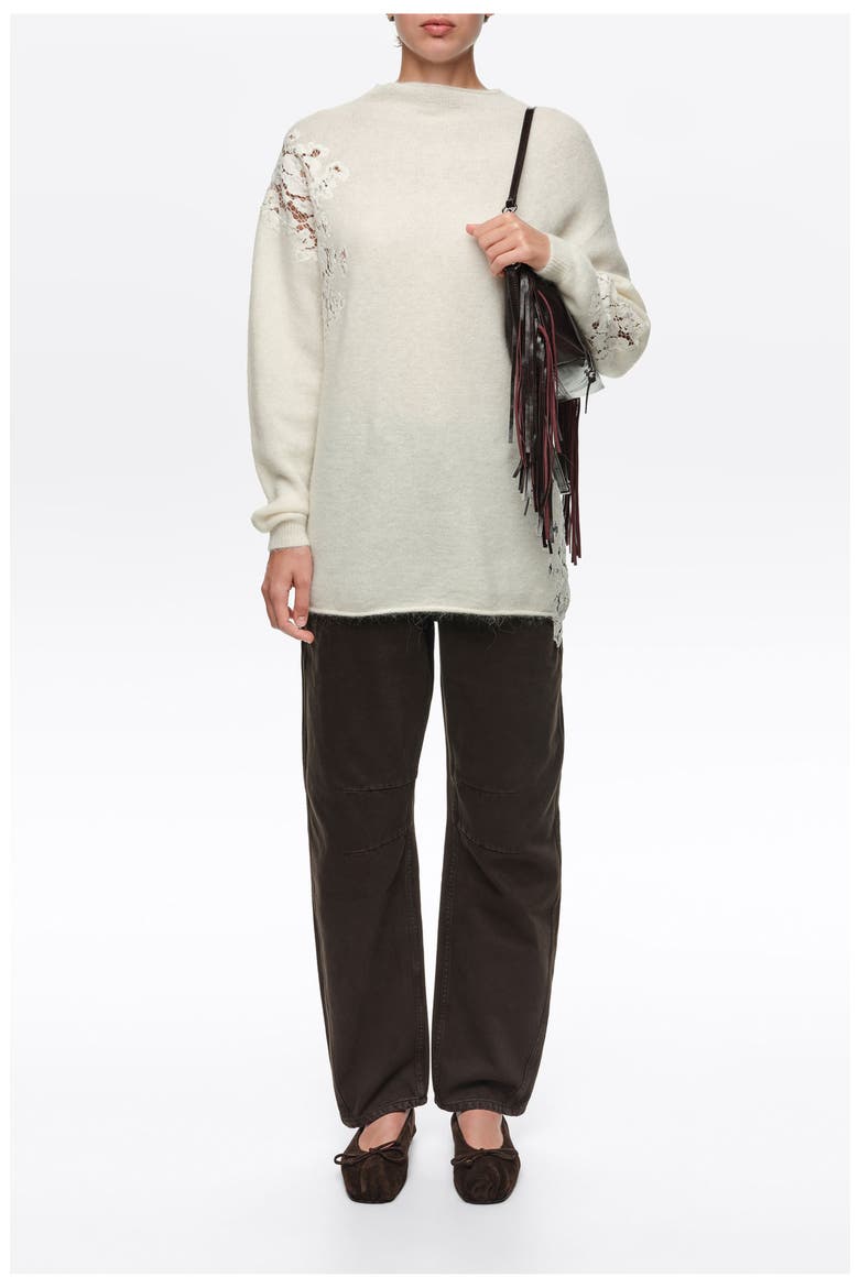 Alpaca High Neck Sweater with Lace, Alternate, color, IVORY