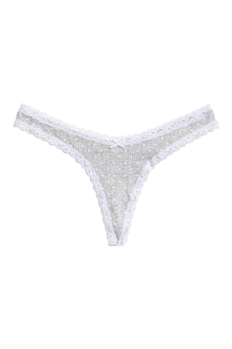 Pointelle Lace Trim Thong, Main, color, LIGHT HEATHER GREY PIN DOT