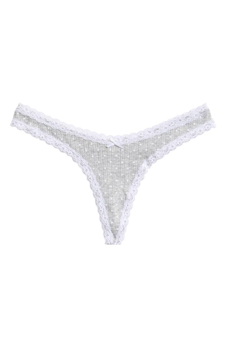 SKIMS Pointelle Lace Trim Thong, Main, color, Light Heather Grey Pin Dot