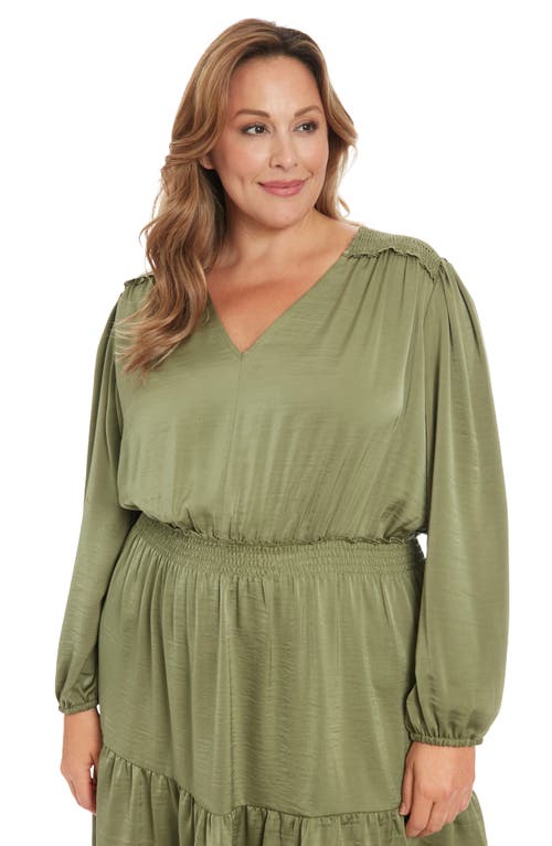 London Times Air Wash Smock Waist Long Sleeve Dress In Moss