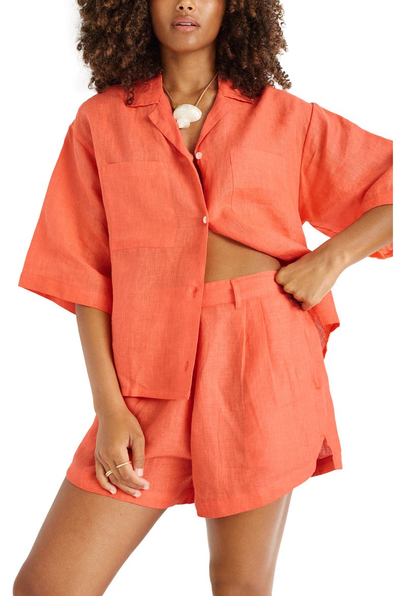 The Getaway Linen Cover-Up Shorts, Alternate, color, CORAL