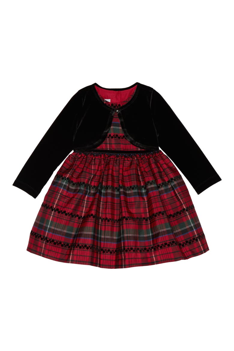 Kids' Velvet Cardigan & Plaid Dress Set, Main, color, RED/ BLACK