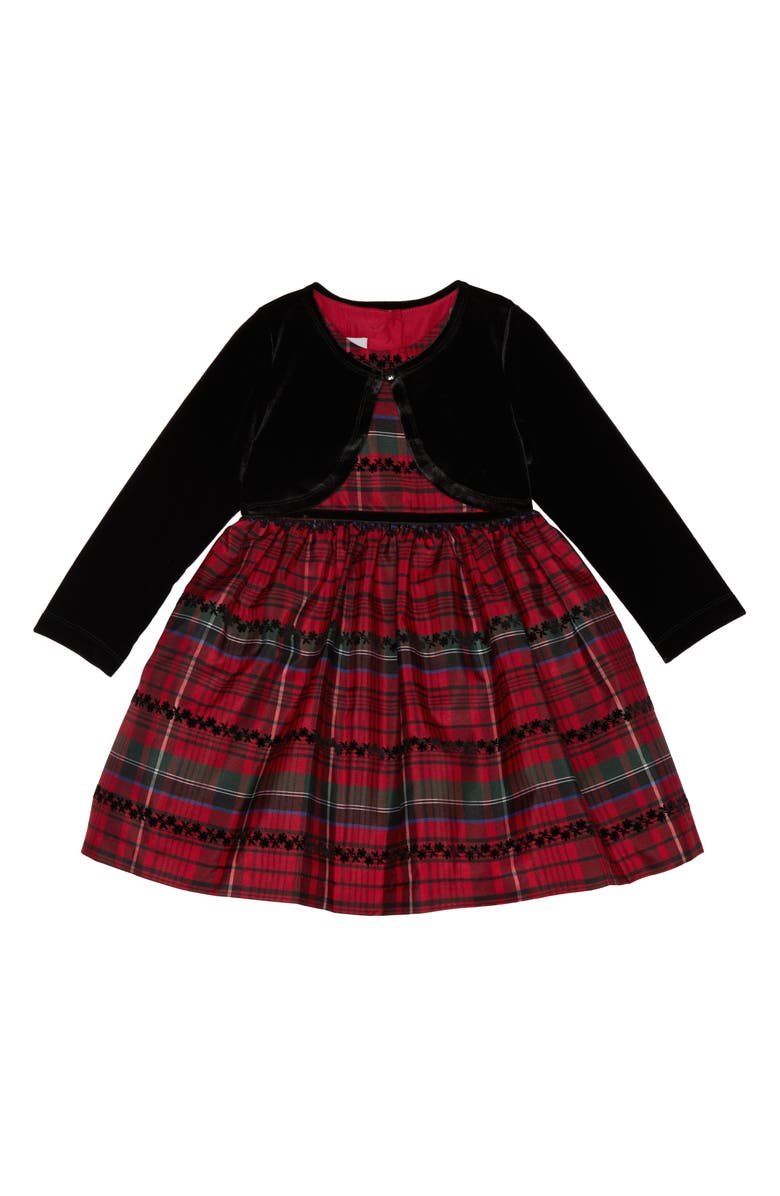 Pippa & Julie Kids' Velvet Cardigan & Plaid Dress Set, Main, color,