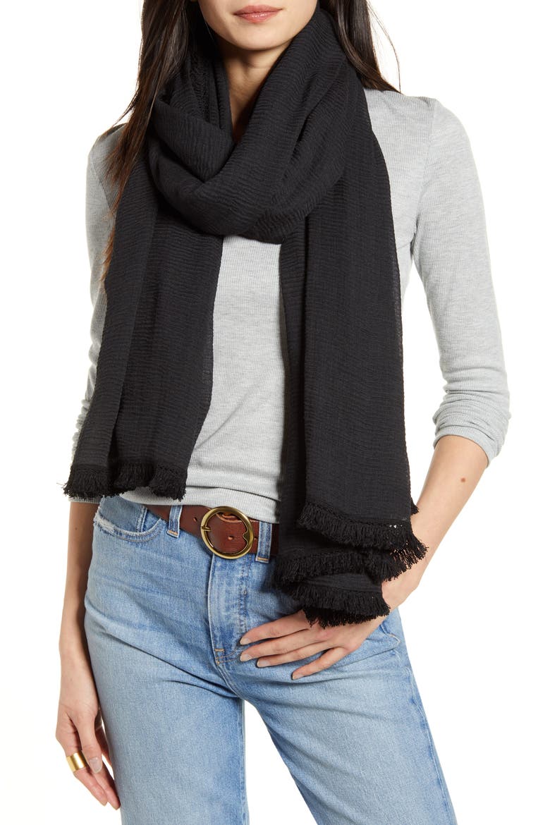 Tassel Crinkle Scarf, Main, color, BLACK