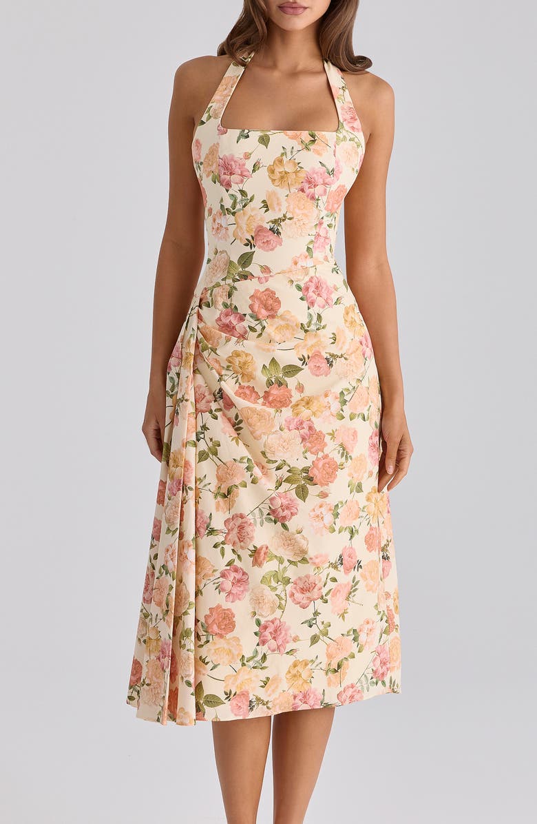 HOUSE OF CB Tallulah Rose Print Halter Midi Dress, Alternate, color, Warm Rose Print