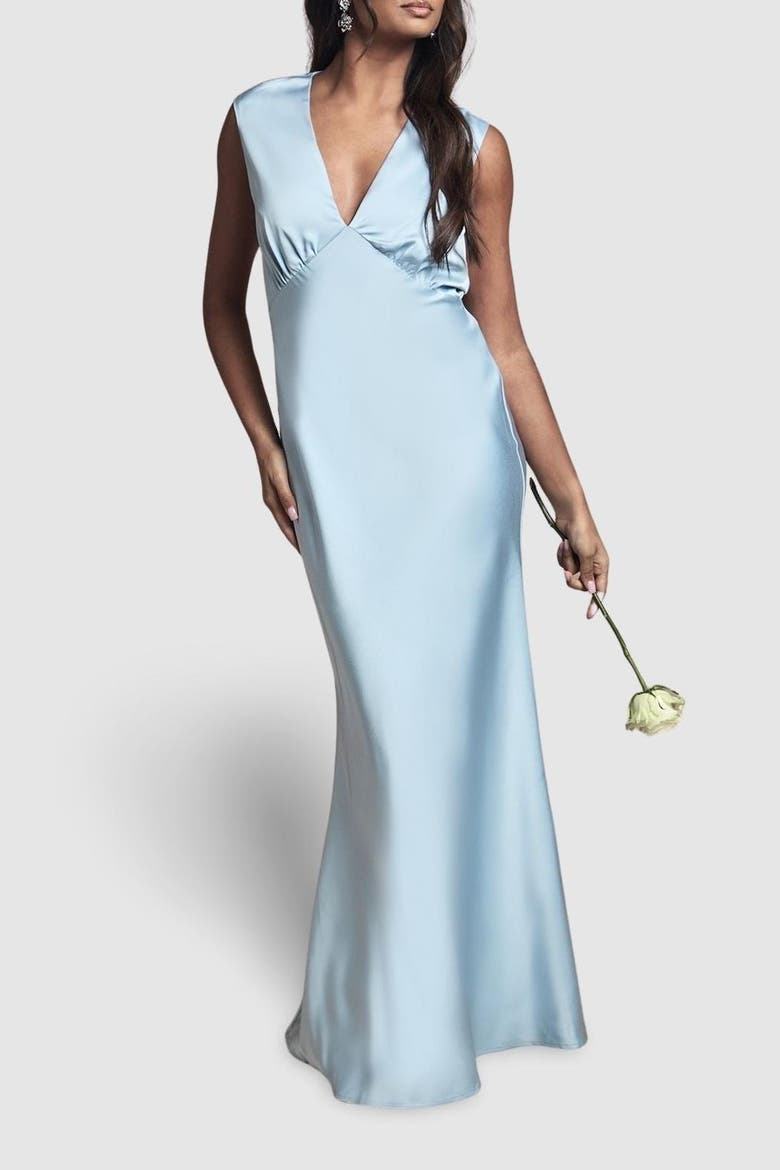 Satin Open Back Maxi Bridesmaid Dress, Alternate, color, Light Blue