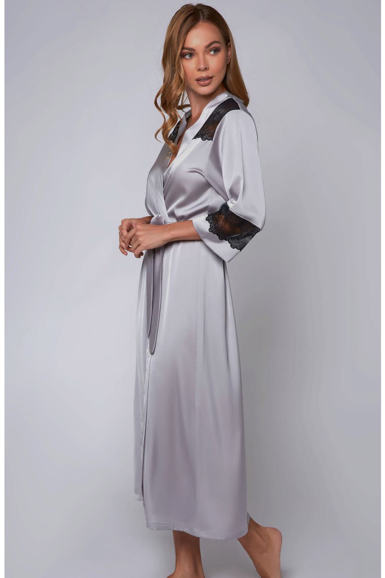 Lace Trim Satin Long Robe, Alternate, color, Silver-Black
