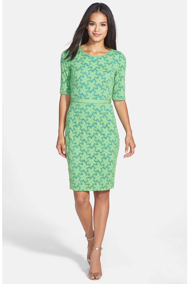 'Star Flower' Elbow Sleeve Stretch Lace Sheath Dress, Alternate, color, LAWN
