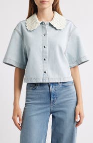 FRAME The Crochet Collar Crop Denim Shirt