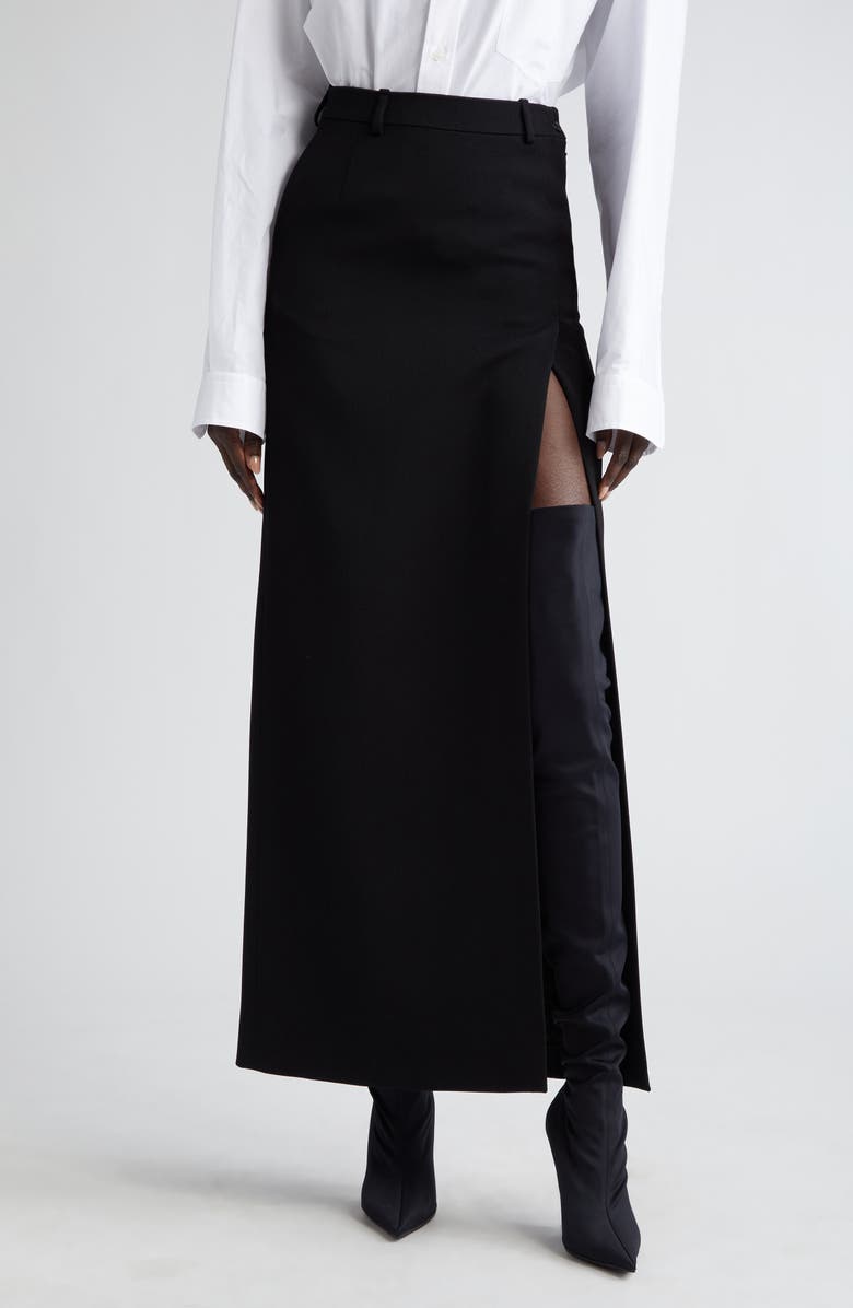 Balenciaga Slit Tailored Stretch Wool Midi Skirt, Main, color, 