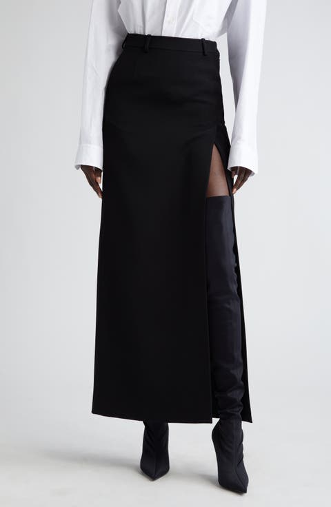 Slit Tailored Stretch Wool Midi Skirt