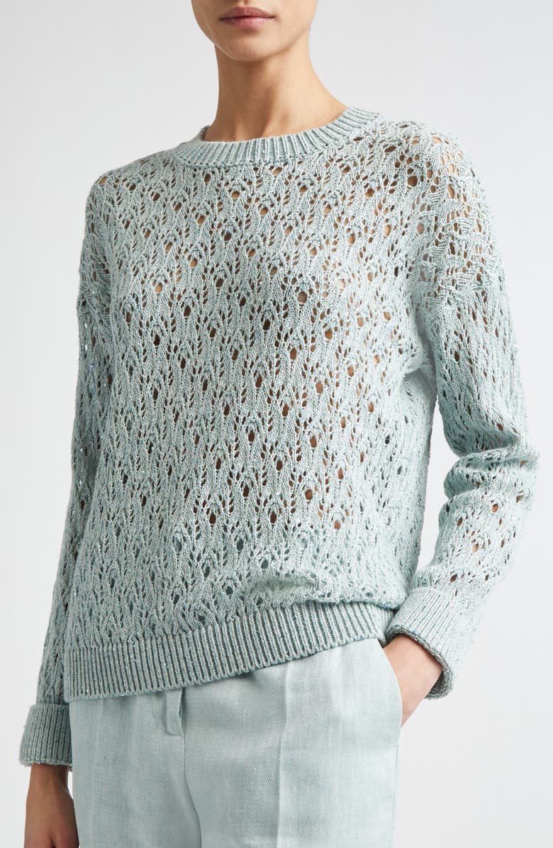 Eleventy Sequin Crochet Crewneck Sweater, Alternate, color, Jade