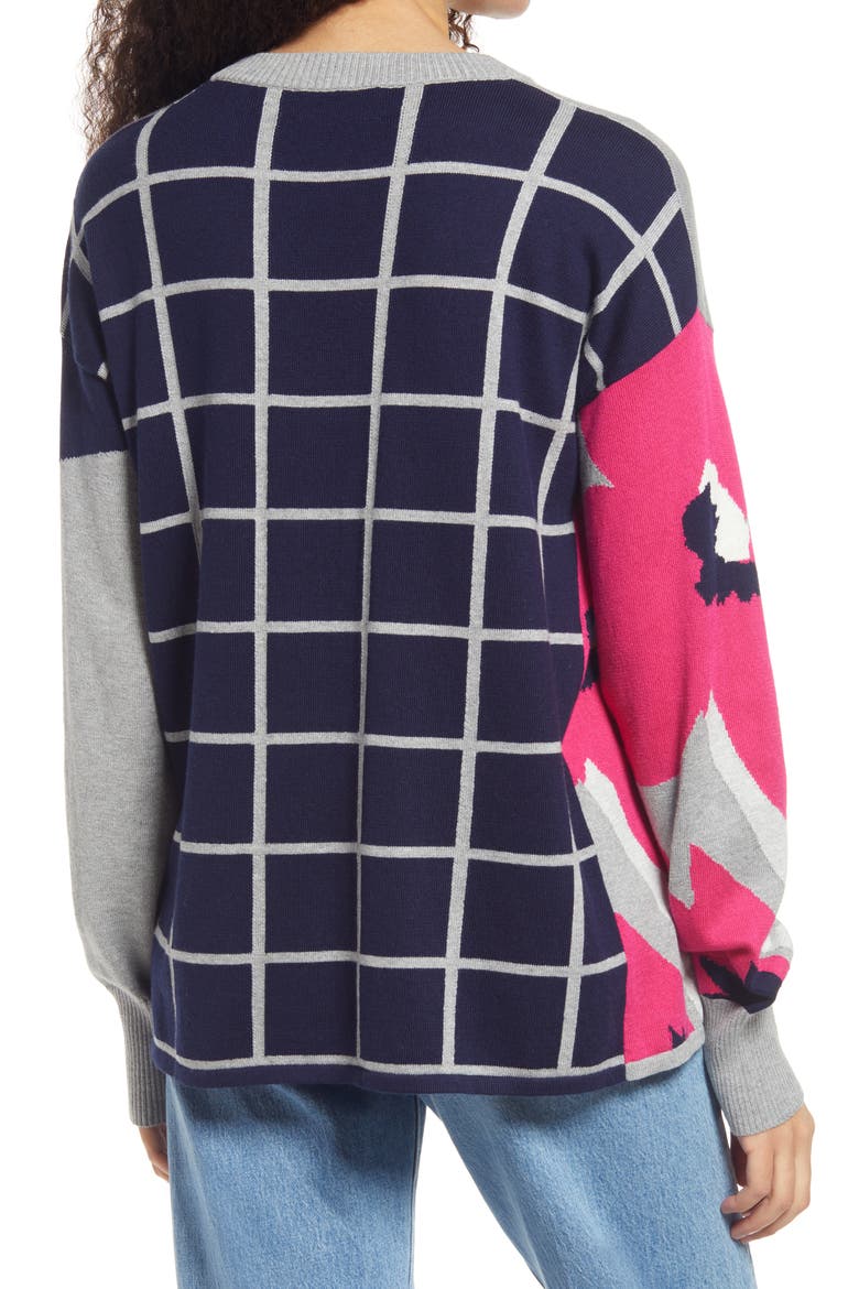Cristina Martinez Intarsia Design Cotton & Cashmere Crewneck, Alternate, color, GREY PEACE POPPIES