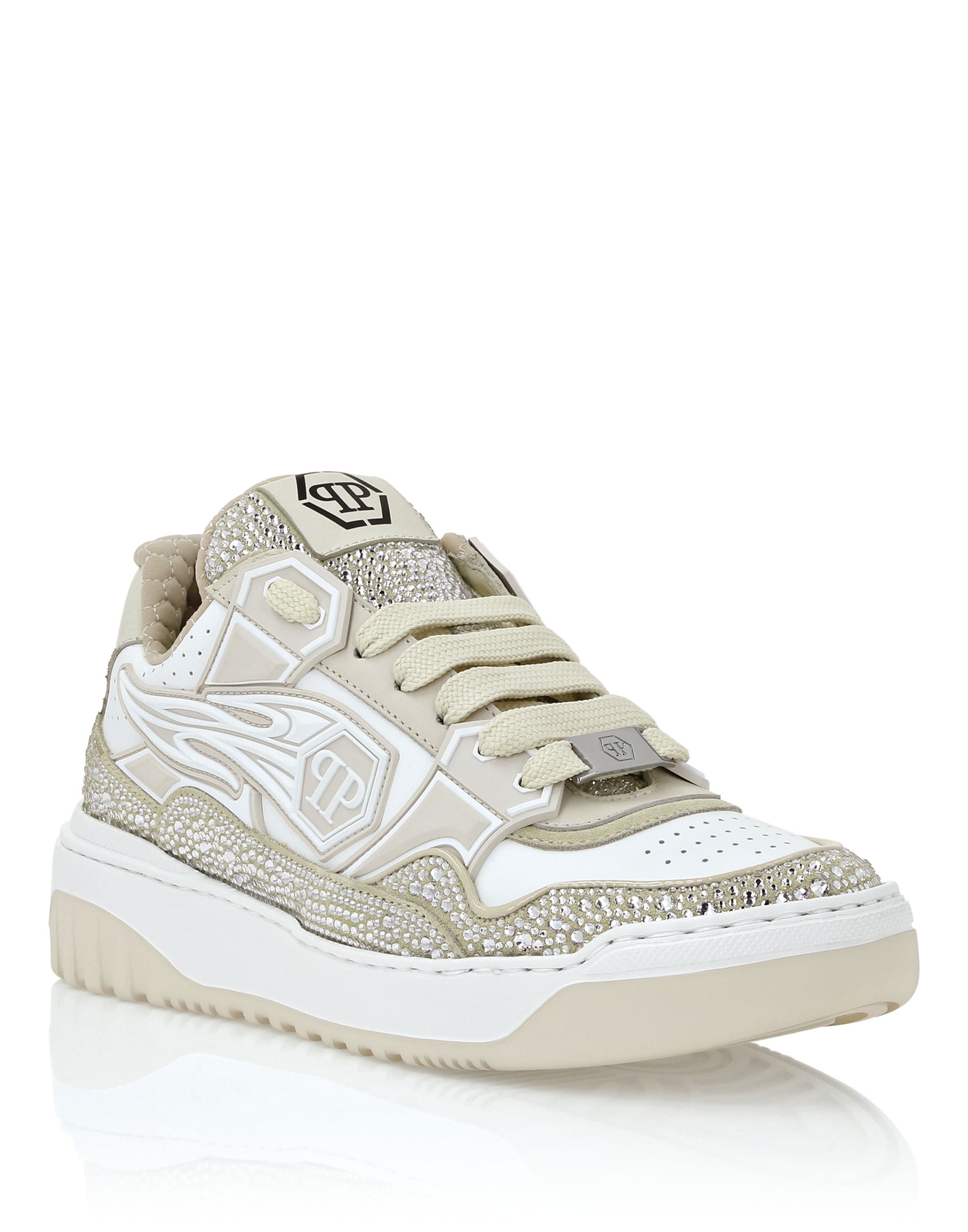 Mix Leather Lo-Top Sneakers Strass Hexagon Rhinestone Women, Main, color, whitebeige