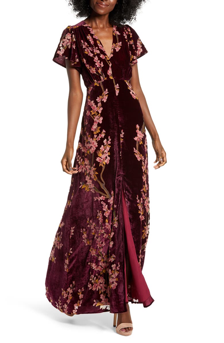 4SI3NNA Floral Burnout Velvet Maxi Dress, Main, color,