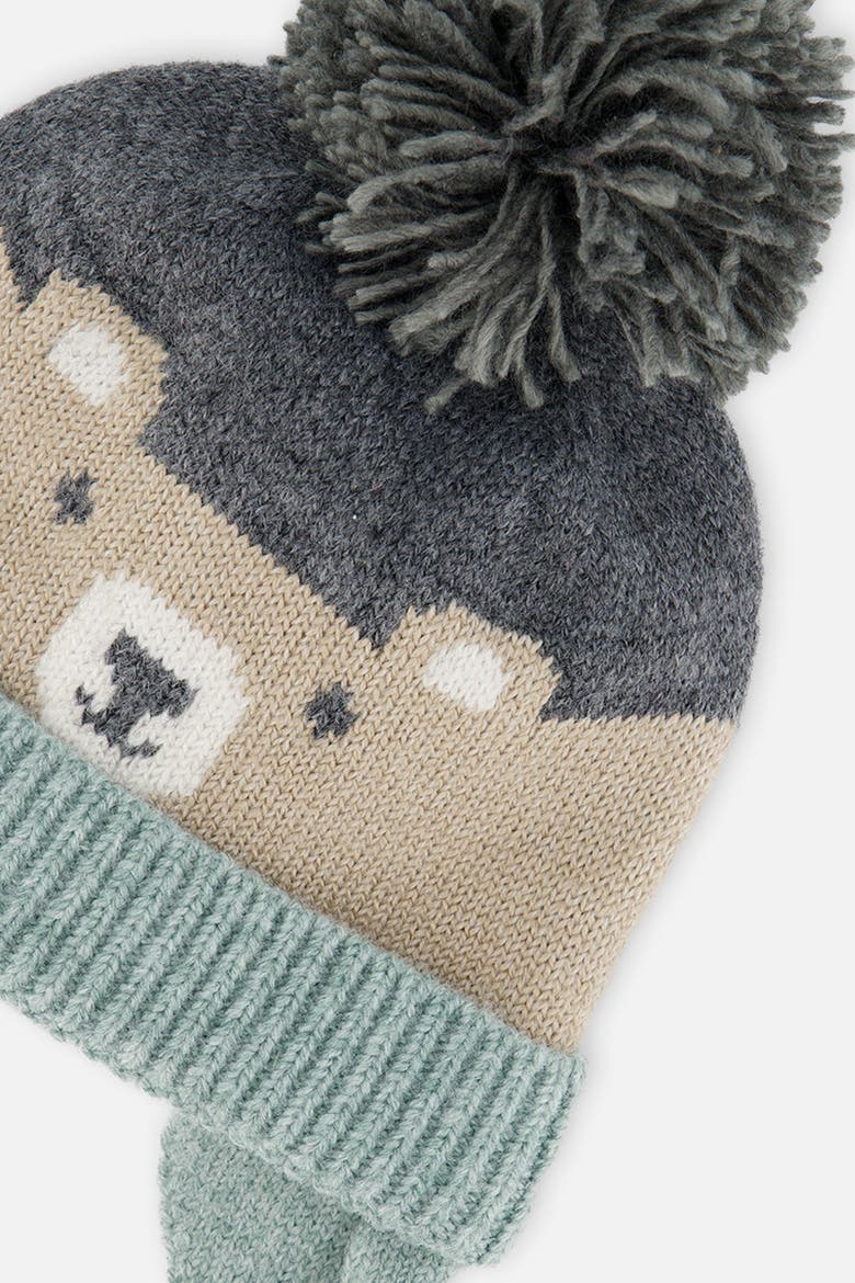 Teddy Bear Face Earflap Winter Knit Hat with Chin Ties, Alternate, color, Beige and Turquoise Teddy Bear