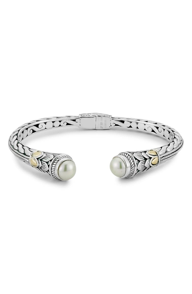 SAMUEL B. Sterling Silver & 18K Gold 5.5–6mm Freshwater Pearl Hinged Bangle Bracelet, Main, color, 