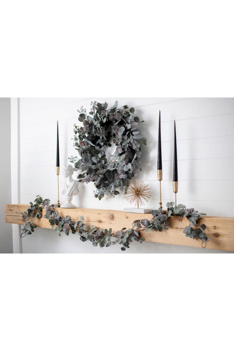 Candlelit Evenings - Faux Dusty Green Silver Dollar Eucalyptus & Pinecone Christmas Mantel Garland, Alternate, color, Green