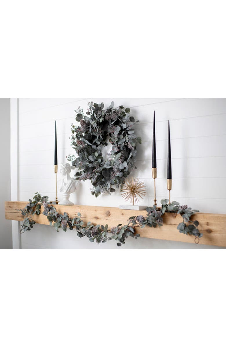Darby Creek Trading Candlelit Evenings - Faux Dusty Green Silver Dollar Eucalyptus & Pinecone Christmas Mantel Garland, Alternate, color, Green
