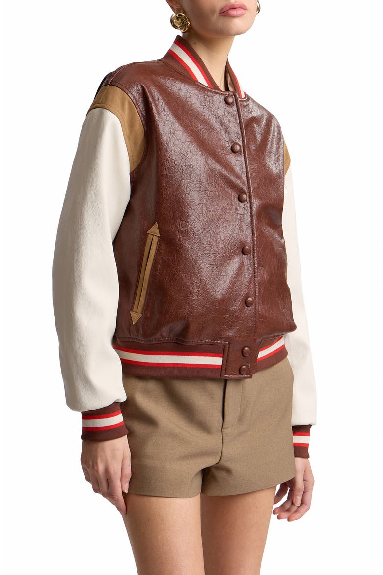 Faux Leather Varsity Bomber Jacket, Alternate, color, VARSITY RED MULTI