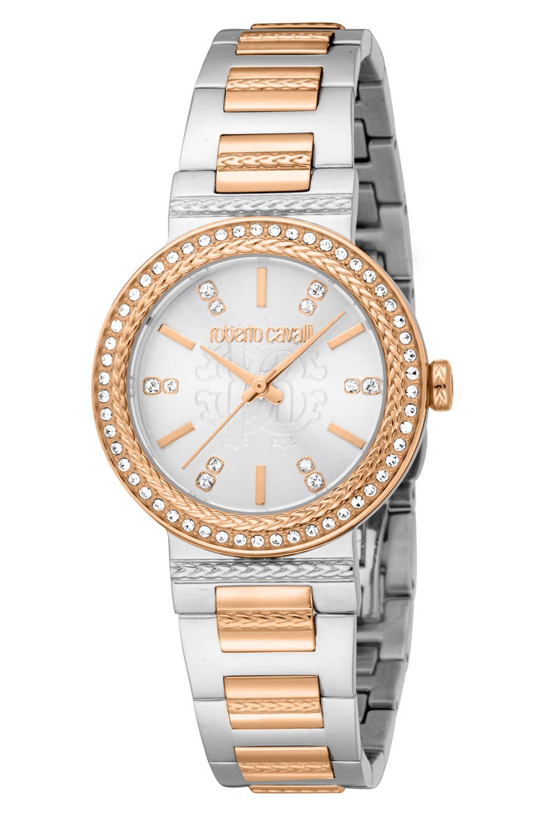 Textured Crystal Two-Tone Quartz Bracelet Watch, 30mm, Main, color, TWO TONE SILVER & ROSE GOLD