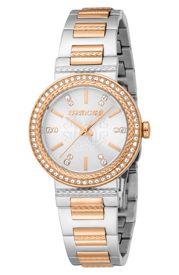 Roberto Cavalli Textured Crystal Two-tone Quartz Bracelet Watch, 30mm In Two Tone Silver & Rose Gold