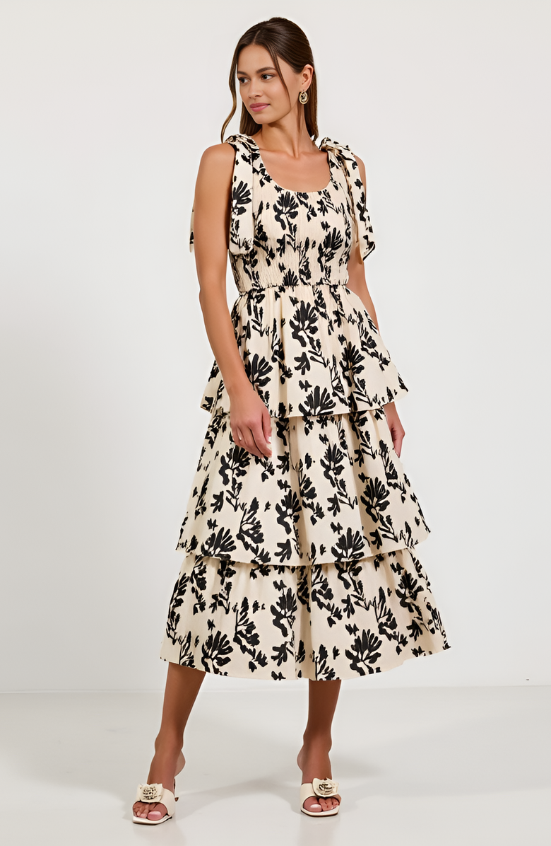 Modenaire Smocked Tiered Midi Dress with Bow-Tie Straps, Alternate, color, Ivory / Black Floral