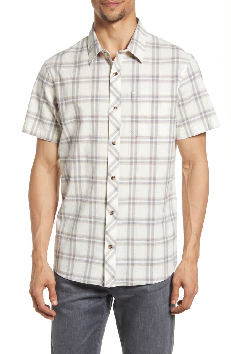 TravisMathew Men's First Pitch Plaid Stretch Short Sleeve Button-Up Shirt, Main, color, 