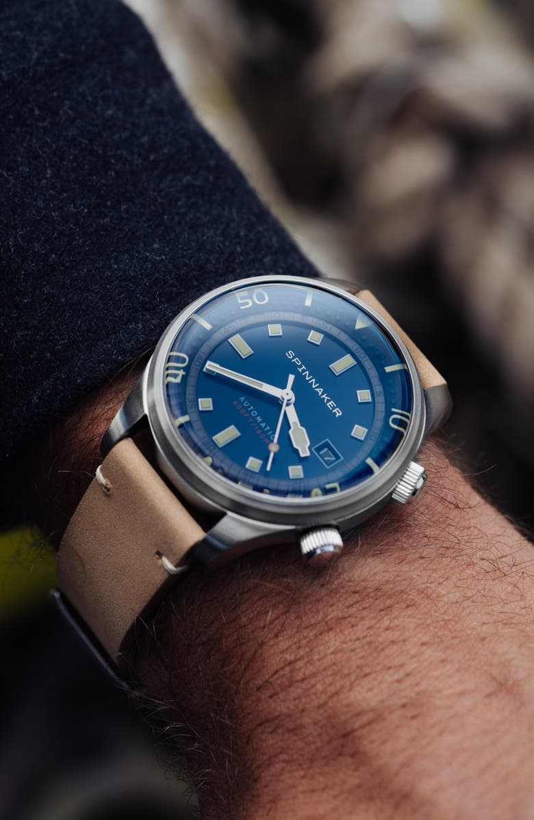 SPINNAKER Bradner Automatic Leather Strap Watch, 42mm, Alternate, color, Blue