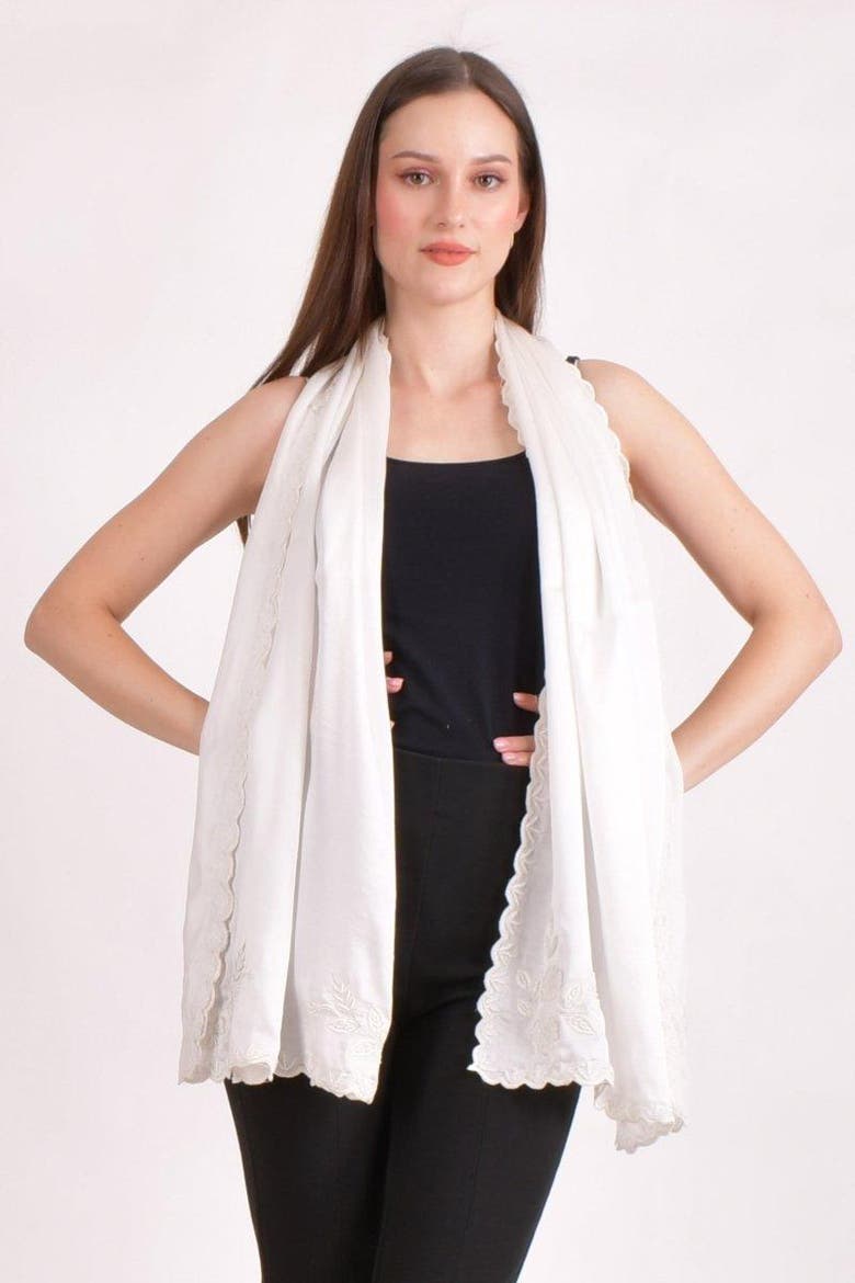 Resham & Pearl Hand Embroidered Viscose Scarf, Alternate, color, White