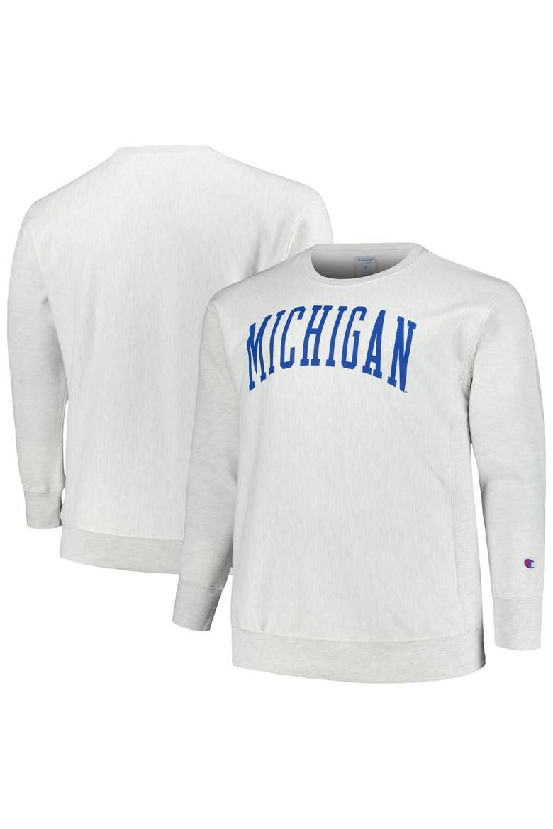 Men's Champion Ash Michigan Wolverines Big & Tall Reverse Weave Fleece Crewneck Pullover Sweatshirt, Main, color, Ash